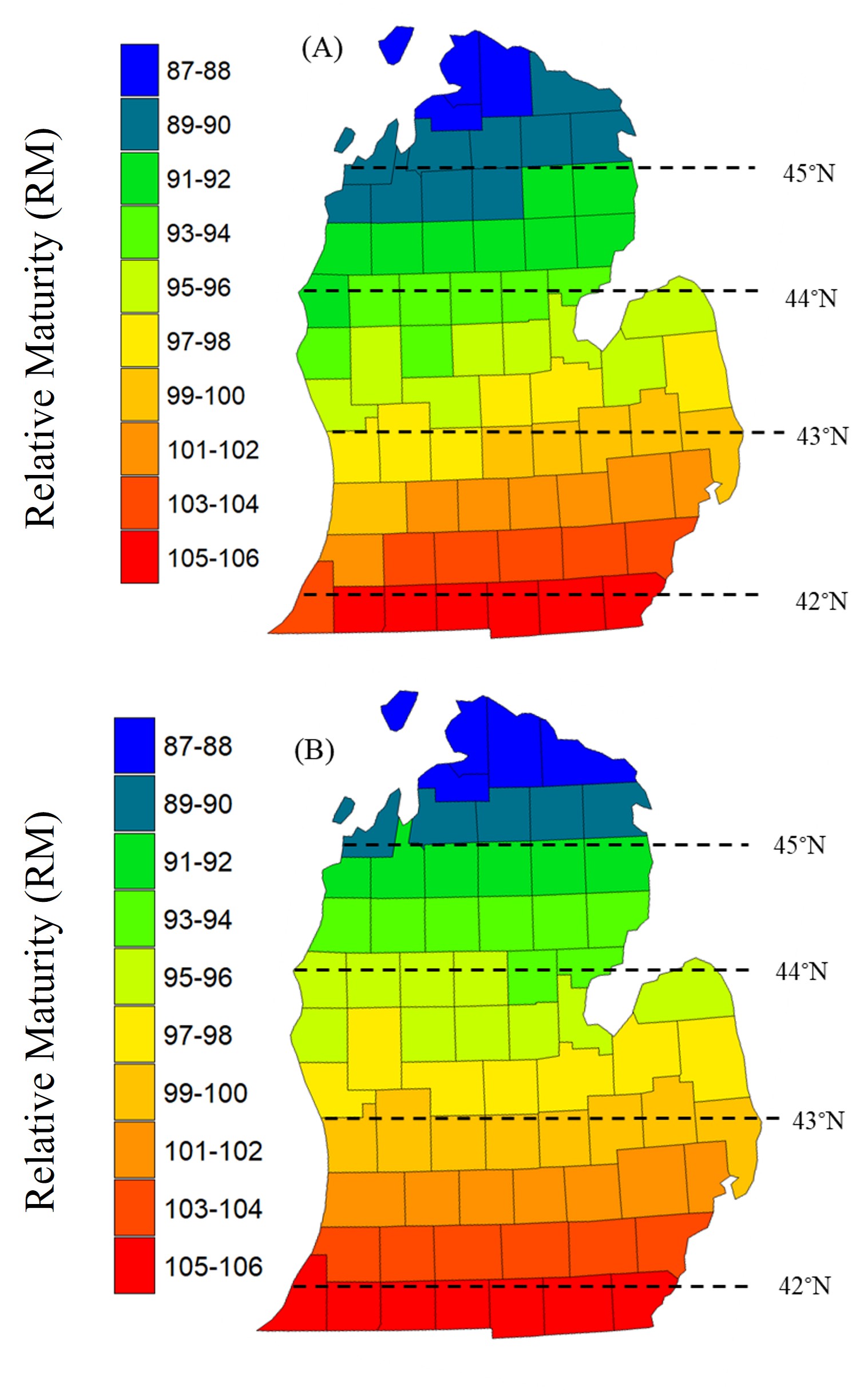 Two maps (A and B) of Michigan comparing relative maturity zones, both color-coded from cooler northern regions (blue/green) to warmer southern regions (yellow/orange/red), illustrating variation between scenarios.